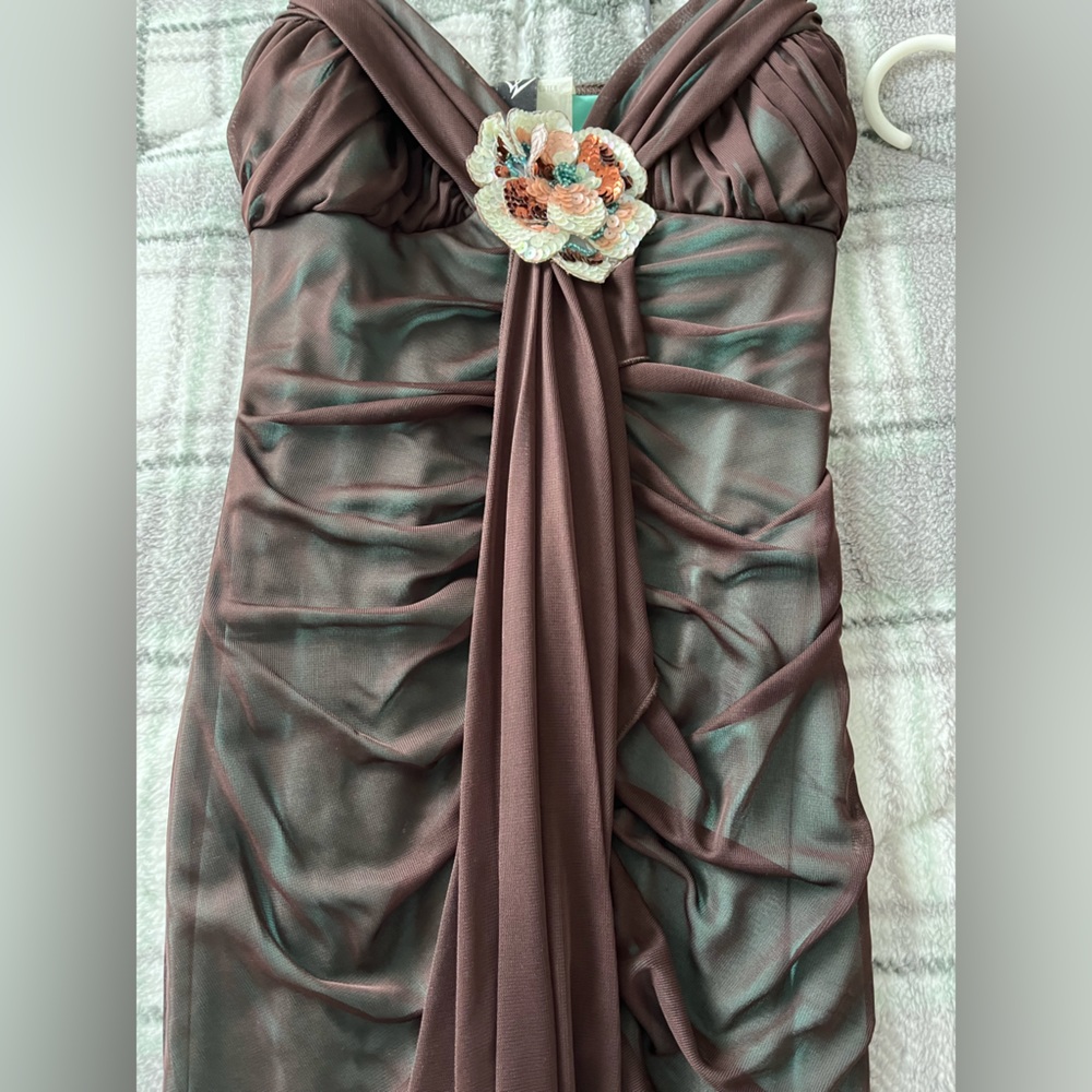Aqua polyester dress with brown sheer overlay